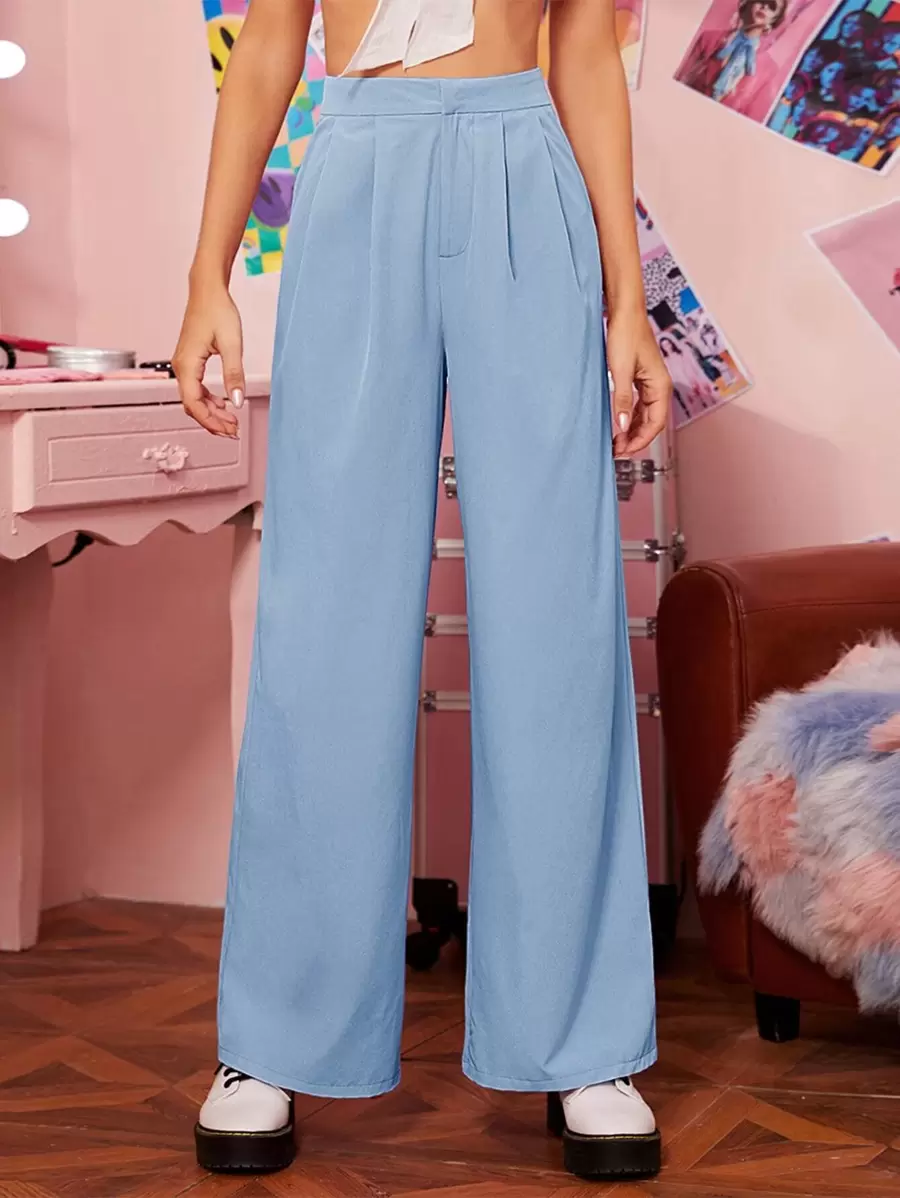 SHEIN EZwear 拉鏈門襟折疊百褶寬管褲子