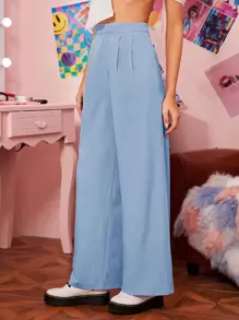 SHEIN EZwear 拉鏈門襟折疊百褶寬管褲子