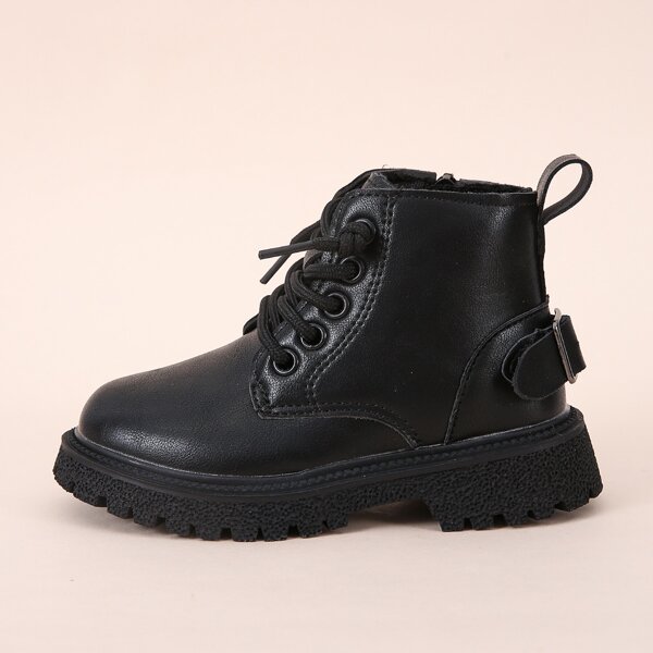 

Girls Solid Buckle Decor Side Zipper Combat Boots, Black