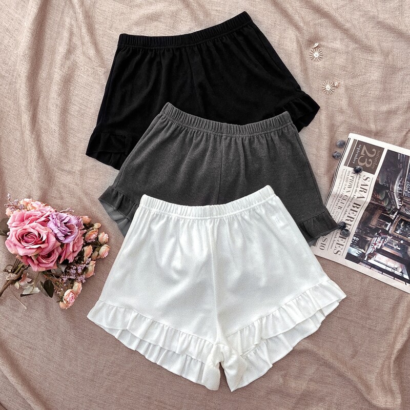 

3pcs Solid Ruffle Trim Sleep Shorts, Multicolor