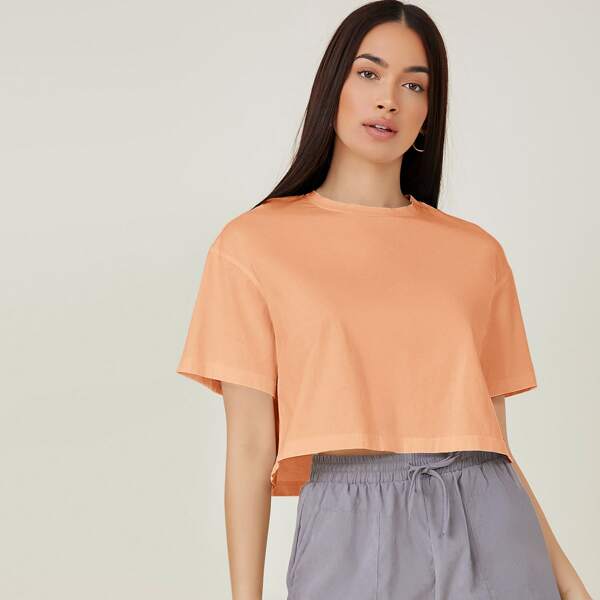 

Drop Shoulder Solid Crop Tee, Coral orange