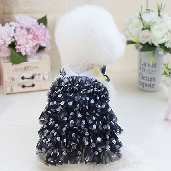 

Flower Print Pet Dress, Black and white