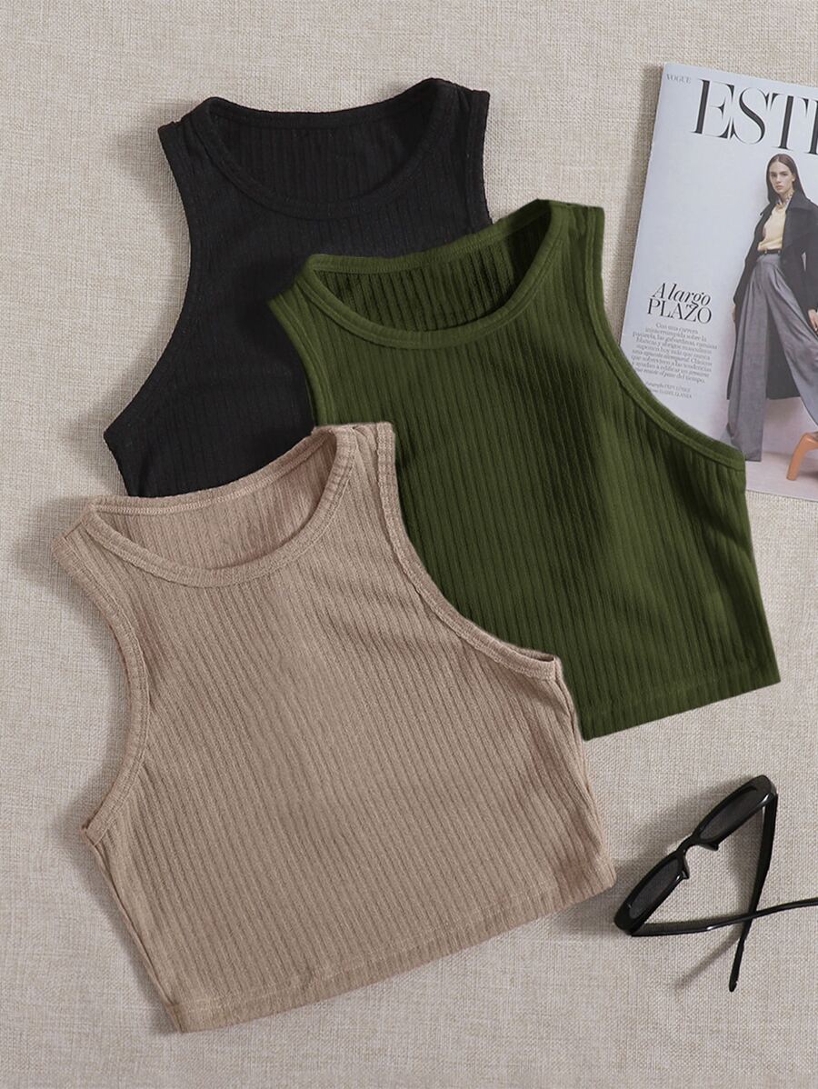 SHEIN EZwear 3 Paquetes de Camiseta de Punto Acanalado - Multicolor - Ver 1