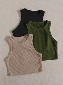 SHEIN EZwear 3 Paquetes de Camiseta de Punto Acanalado - Multicolor - Ver 4