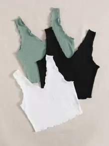 SHEIN EZwear 3pcs Lettuce Trim Rib-knit Tank Top - Multicolor - View 2