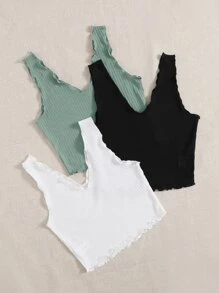 SHEIN EZwear 3pcs Lettuce Trim Rib-knit Tank Top - Multicolor - View 3