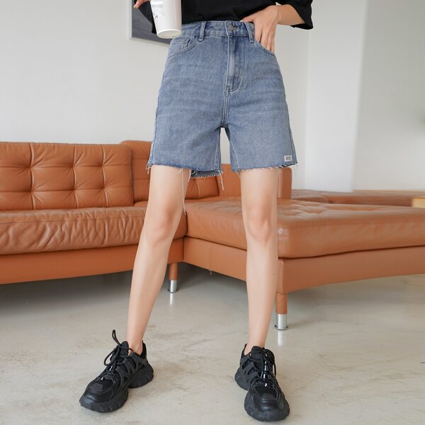 

Patched Detail Frayed Trim Denim Shorts, Medium wash