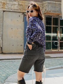 DAZY Cárdigan corto con hombros caídos y estampado de leopardo, ropa de otoño - Azul Marino - Ver 2