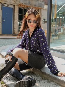 DAZY Cárdigan corto con hombros caídos y estampado de leopardo, ropa de otoño - Azul Marino - Ver 3