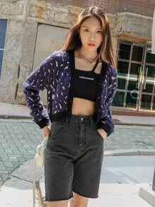 DAZY Cárdigan corto con hombros caídos y estampado de leopardo, ropa de otoño - Azul Marino - Ver 4