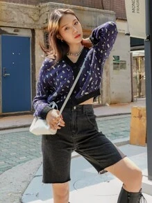 DAZY Cárdigan corto con hombros caídos y estampado de leopardo, ropa de otoño - Azul Marino - Ver 5