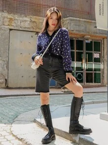 DAZY Cárdigan corto con hombros caídos y estampado de leopardo, ropa de otoño - Azul Marino - Ver 6