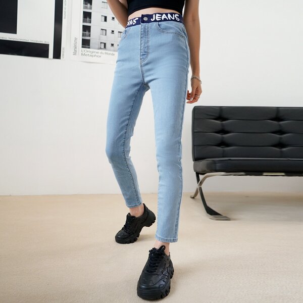 

Contrast Letter Tape Waist Skinny Jeans, Medium wash