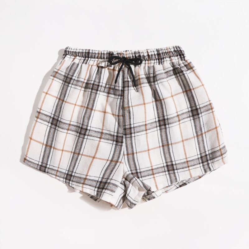 

Plaid Print Drawstring Shorts, White