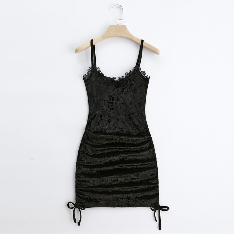 

Velvet Contrast Lace Drawstring Cami Dress, Black
