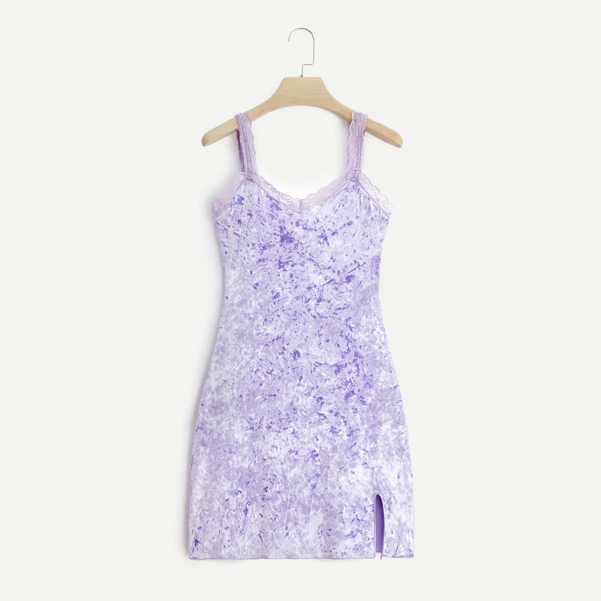 

Velvet Contrast Lace Split Dress, Lilac purple