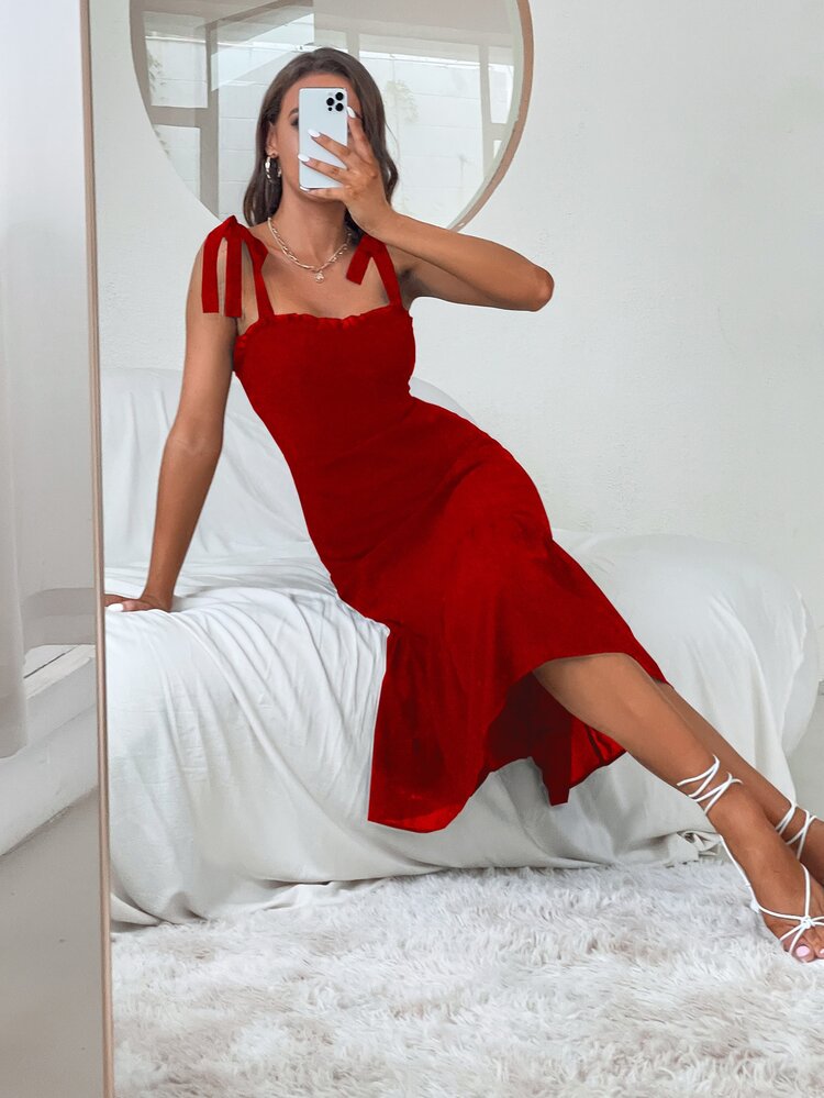 SHEIN Privé Knot Strap Mermaid Hem Cami Dress - Red - View 4