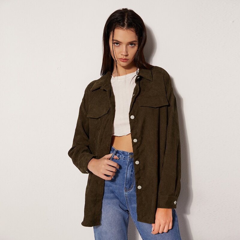 

Solid Corduroy Button Front Overshirt, Dark green