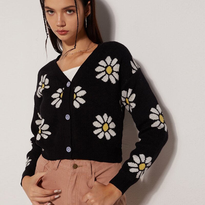 

Floral Pattern Button Front Cardigan, Black