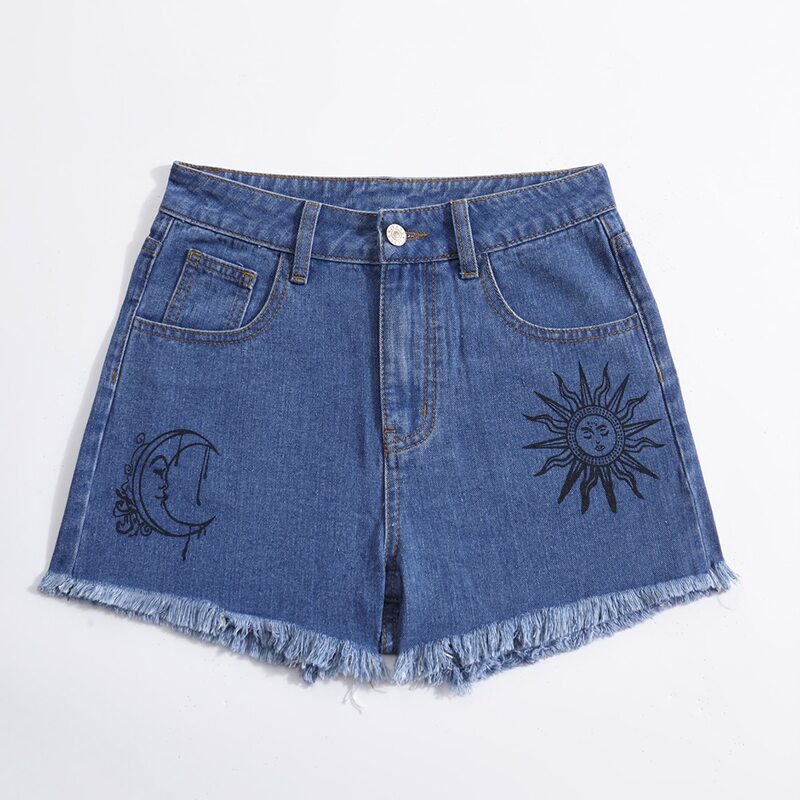 

Sun & Moon Graphic Distressed Denim Shorts, Medium wash