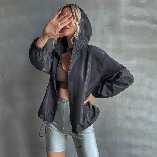 

Solid Drawstring Hem Hooded Windbreaker Jacket, Black
