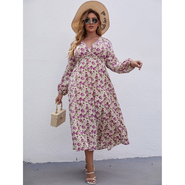 

Plus Surplice Neck Floral Print Lantern Sleeve Dress, Multicolor