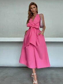 Đầm Lộ Lưng Nơ bướm lớn màu trơn Thanh lịch - Màu Hồng Tươi - Xem 1