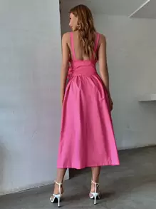 Đầm Lộ Lưng Nơ bướm lớn màu trơn Thanh lịch - Màu Hồng Tươi - Xem 2