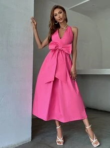 Đầm Lộ Lưng Nơ bướm lớn màu trơn Thanh lịch - Màu Hồng Tươi - Xem 3