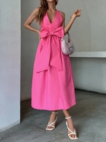 Đầm Lộ Lưng Nơ bướm lớn màu trơn Thanh lịch - Màu Hồng Tươi - Xem 5