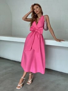 Đầm Lộ Lưng Nơ bướm lớn màu trơn Thanh lịch - Màu Hồng Tươi - Xem 6