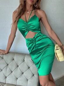 SHEIN Unity 緞面前鏤空露背繫帶吊帶連衣裙 - 綠色 - 查看 5