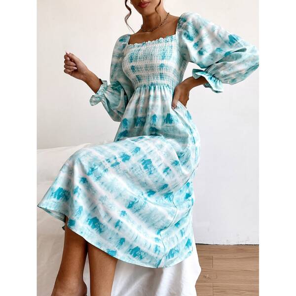 

Tie Dye Shirred Square Neck Flounce Sleeve Dress, Multicolor
