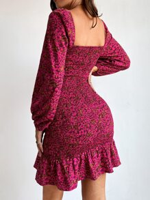 SHEIN Privé 印花打褶燈籠袖方領荷葉邊洋裝 - 彩色 - 查看 2