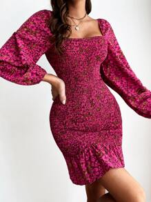 SHEIN Privé 印花打褶燈籠袖方領荷葉邊洋裝 - 彩色 - 查看 3