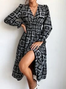 Aveloria Paisley Print Shirred Waist Flounce Sleeve Ruffle Hem Dress - Black - View 1