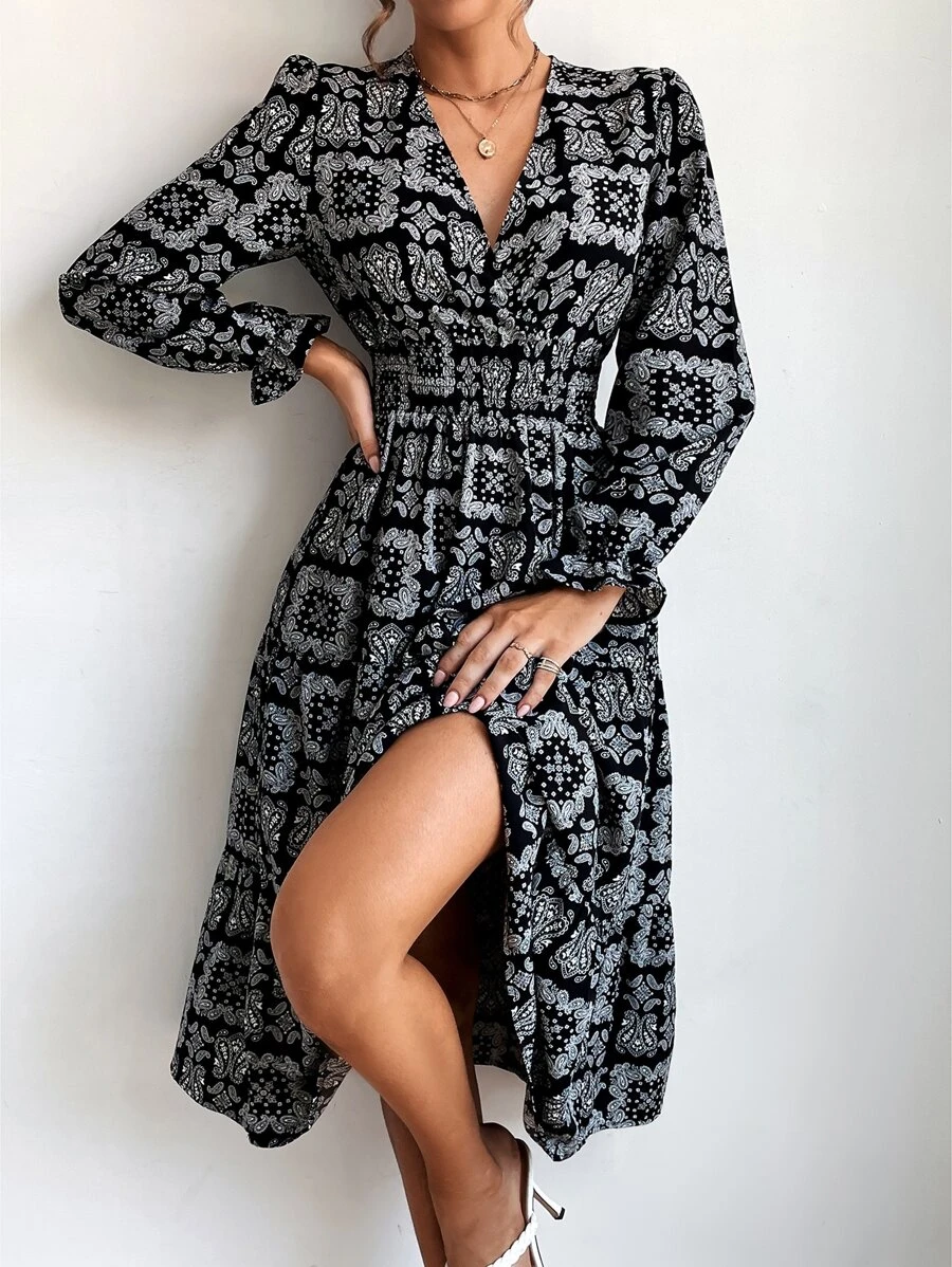 Aveloria Paisley Print Shirred Waist Flounce Sleeve Ruffle Hem Dress - Black - View 1