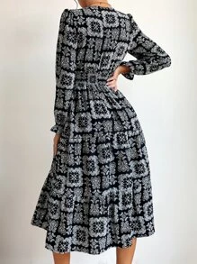 Aveloria Paisley Print Shirred Waist Flounce Sleeve Ruffle Hem Dress - Black - View 2