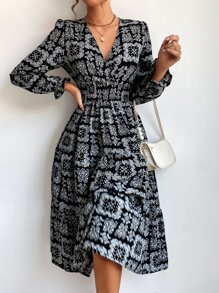 Aveloria Paisley Print Shirred Waist Flounce Sleeve Ruffle Hem Dress - Black - View 3