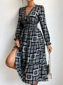 Aveloria Paisley Print Shirred Waist Flounce Sleeve Ruffle Hem Dress - Black - View 5