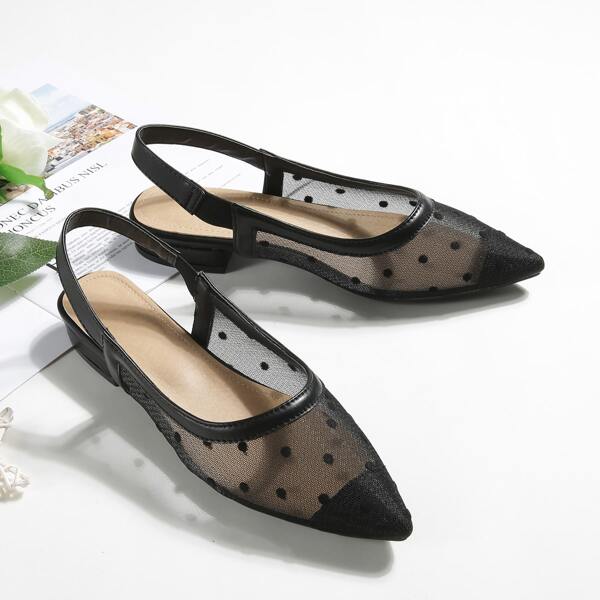

Point Toe Polka Dot Pattern Slingback Flats, Black