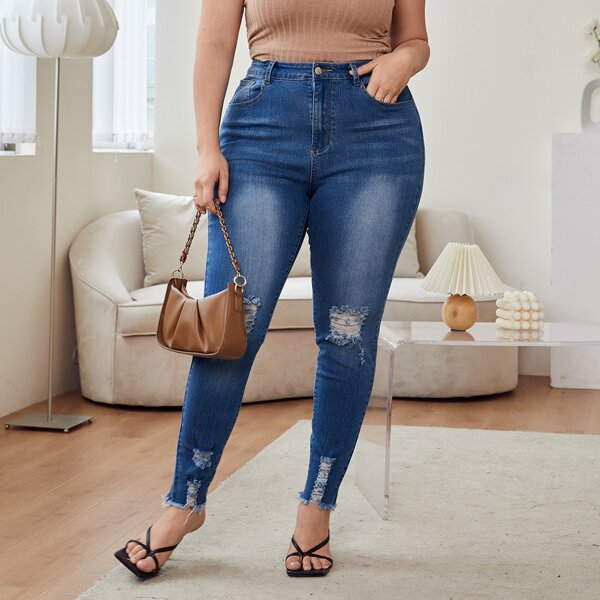 

Plus Leaf Print Ripped Raw Cut Skinny Jeans, Medium wash
