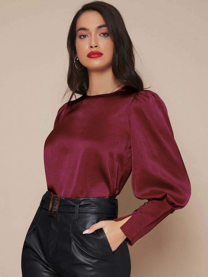 SHEIN Prive Buttoned Cuff Lantern Sleeve Satin Top