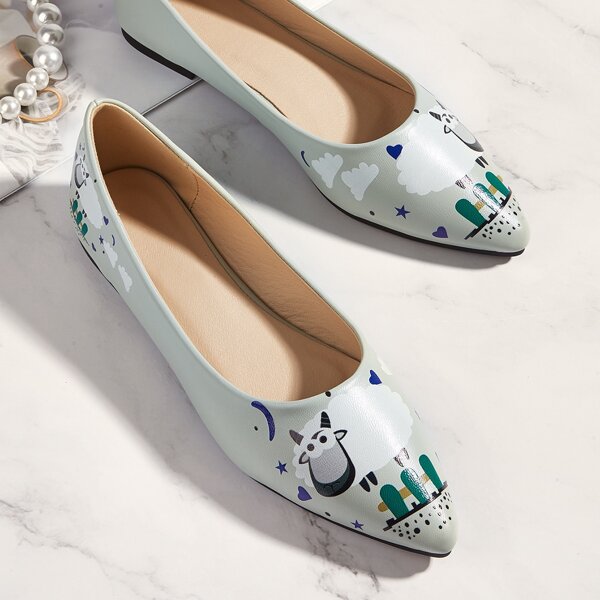 

Point Toe Cartoon Graphic Ballet Flats, Light grey
