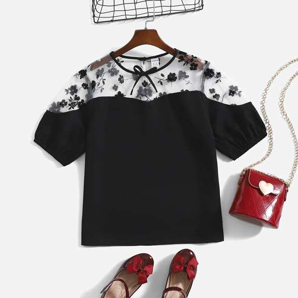 

Teen Girls Contrast Floral Print Sheer Mesh Knot Front Blouse, Black