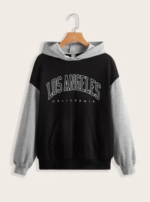 SHEIN Teen Girls Letter Graphic Colourblock Hoodie - Black - View 1