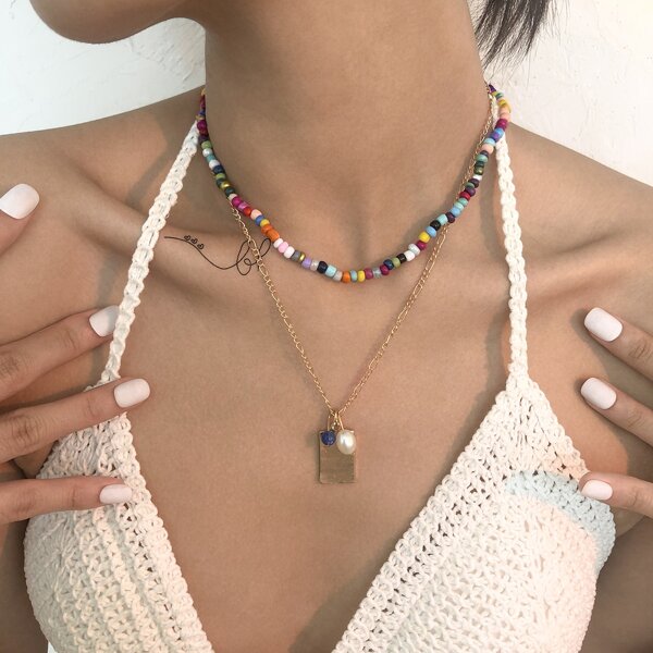 

2pcs Faux Pearl Charm Necklace, Multicolor