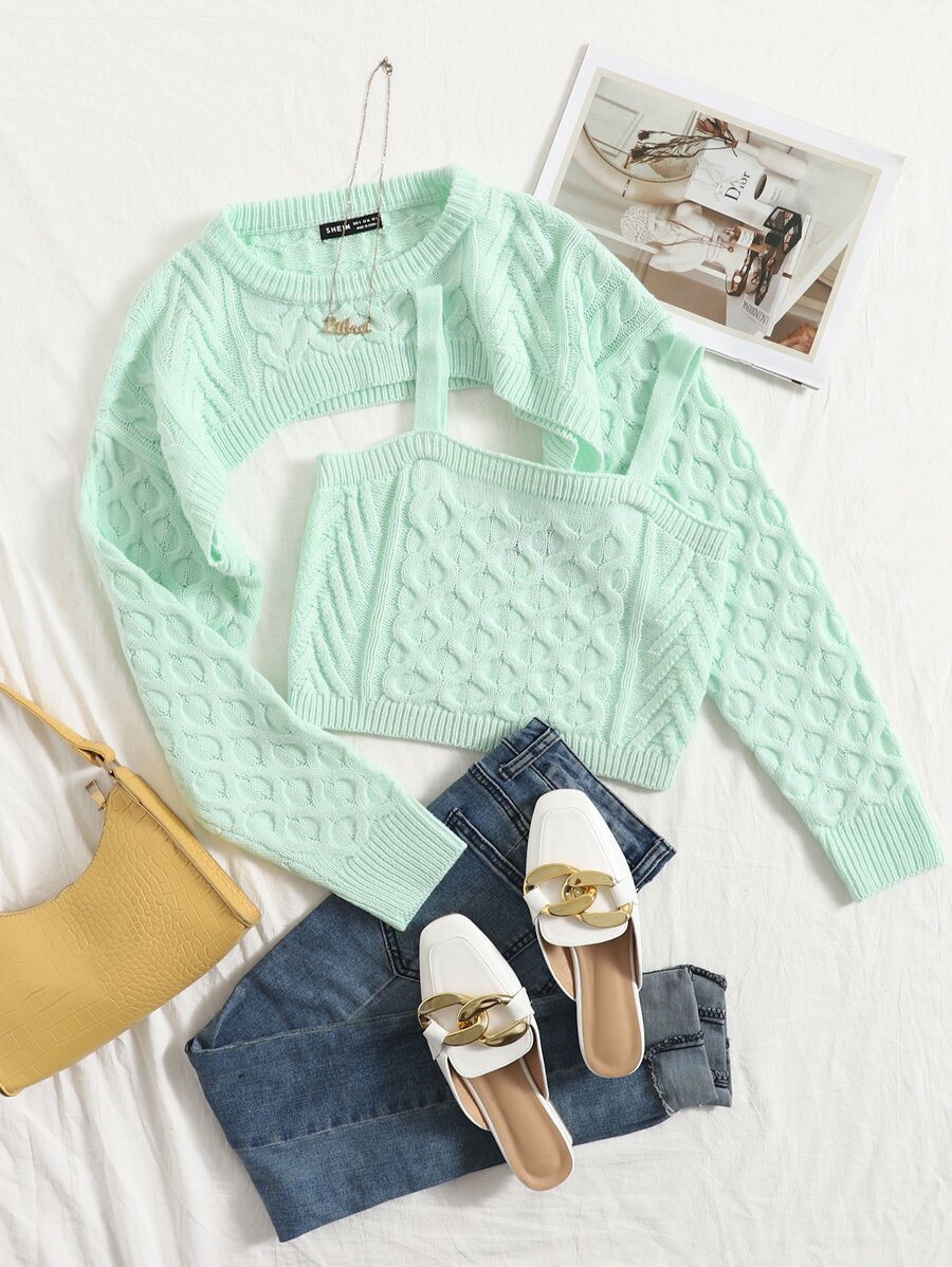 SHEIN EZwear Solid Cable Knit Jumper & Cami Set - Mint Green - View 1