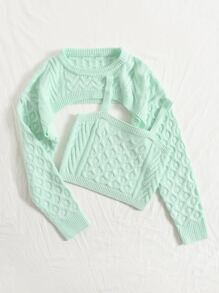 SHEIN EZwear Solid Cable Knit Jumper & Cami Set - Mint Green - View 4