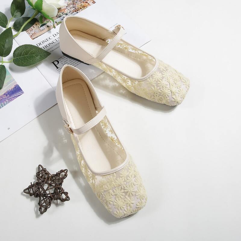 

Floral Embroidery Mesh Panel Ballet Flats, Beige